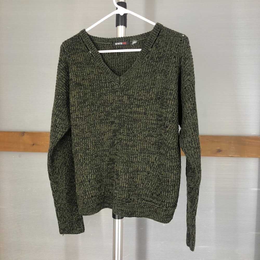 Devoted Peakaboo Collar Dark‎ Green Black VNeck Knit Sweater Sz M